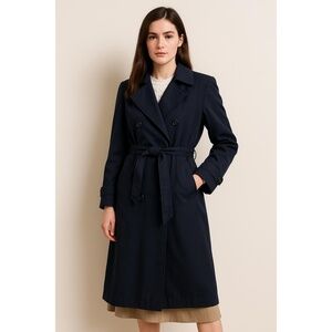 Vtg Jacqueline Ferrar Navy Double Breasted Trench Coat Women’s Belted Classic 12
